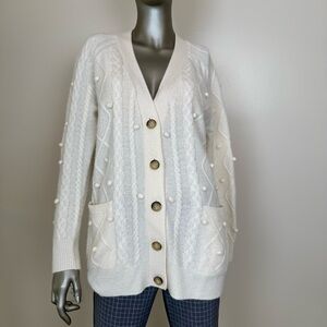 Aqua Cashmere V-Neck Cable Knit Cream Button-Up Women's long Cardigan w/pom poms